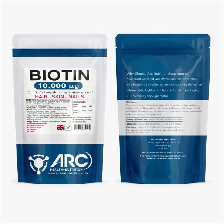 Biotin 10,000mcg Vitamin B7, High Strength Hair Growth, High Strength 60 Tablets Suitable for Vegetarian and Vegan, Made in UK