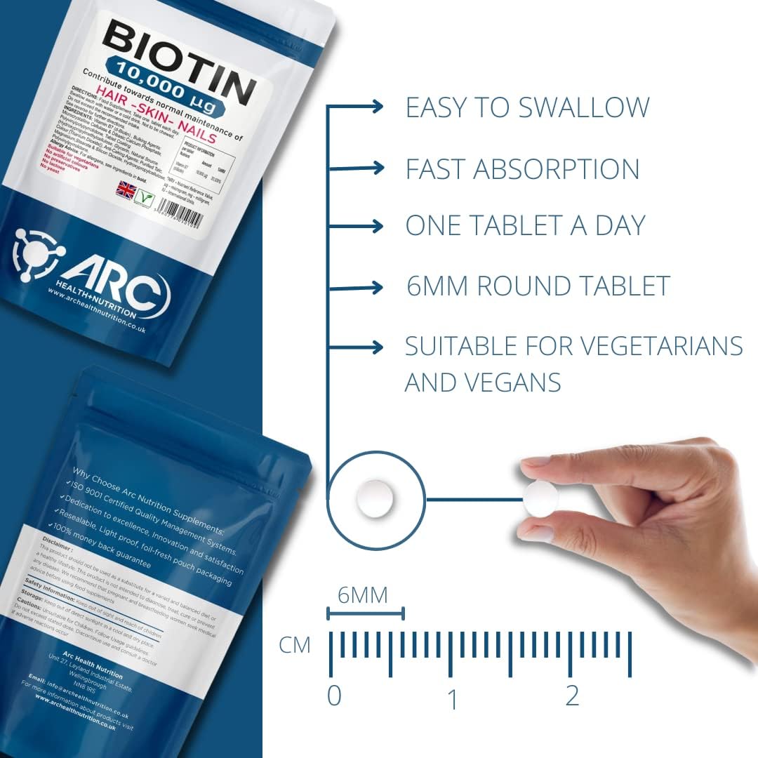 Biotin 10,000mcg Vitamin B7, High Strength Hair Growth, High Strength 60 Tablets Suitable for Vegetarian and Vegan, Made in UK