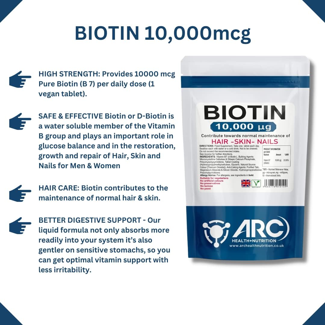 Biotin 10,000mcg Vitamin B7, High Strength Hair Growth, High Strength 60 Tablets Suitable for Vegetarian and Vegan, Made in UK