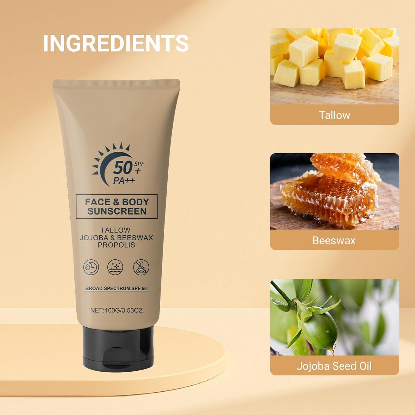 Tallow Sunscreen - Beef Tallow Sunscreen, Sun Cream SPF 50 with Grass-Fed Beef Tallow & Beeswax, Lightweight Moisturizing Protection for Face & Body