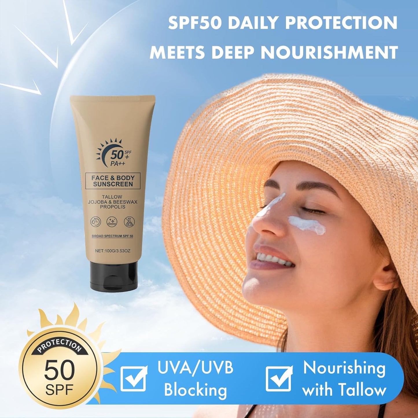 Tallow Sunscreen - Beef Tallow Sunscreen, Sun Cream SPF 50 with Grass-Fed Beef Tallow & Beeswax, Lightweight Moisturizing Protection for Face & Body