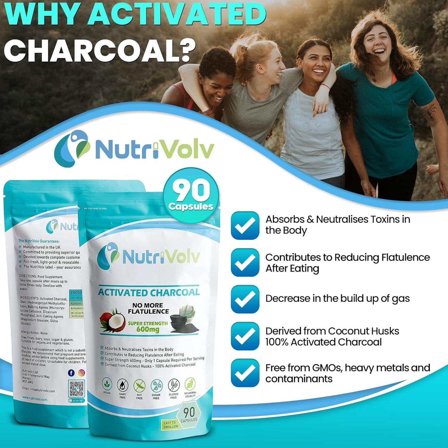 Activated Charcoal 600mg | 90 Capsules | Reduce Flatulence, Gas & Bloating | Detox