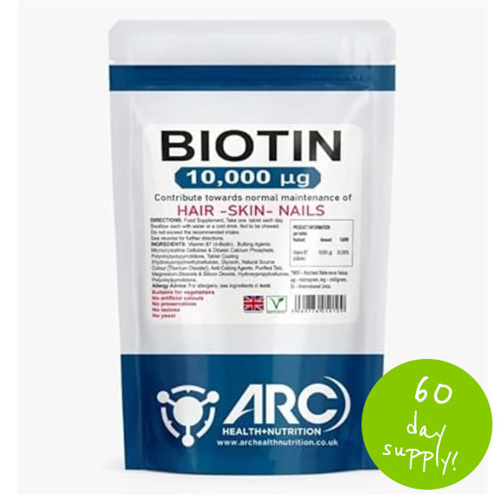 Biotin 10,000mcg Vitamin B7, High Strength Hair Growth, High Strength 60 Tablets Suitable for Vegetarian and Vegan, Made in UK