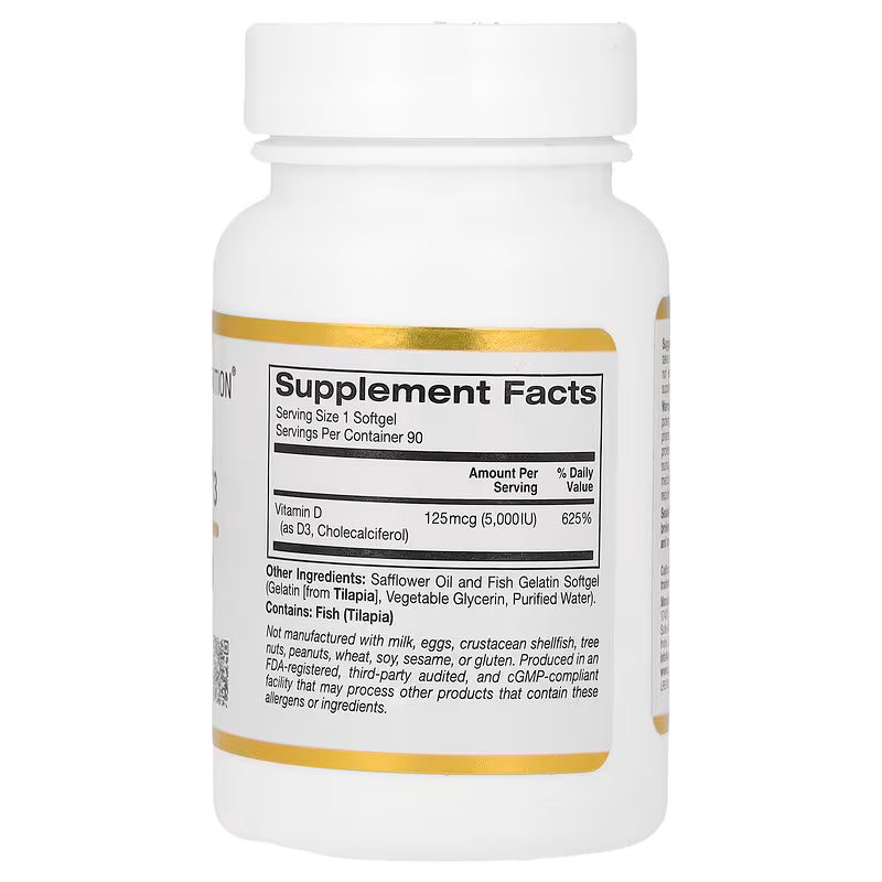 California Gold Nutrition, Vitamin D3, 125 mcg (5,000 IU), 90 Fish Gelatin Softgels - Naturhealth UK #