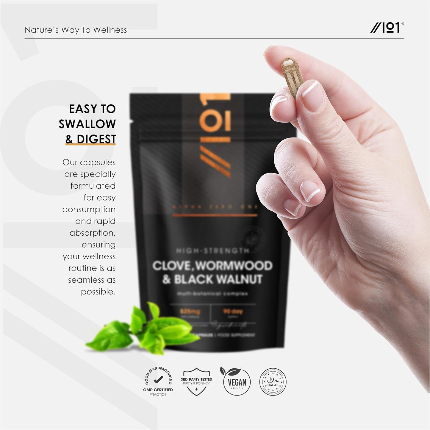 Clove, Wormwood & Green Black Walnut Hull 525mg – 90 Vegan Capsules – High Strength Multi-Botanical Complex Supplement – Resealable and Recyclable Pouch by Alpha01 - Naturhealth UK #