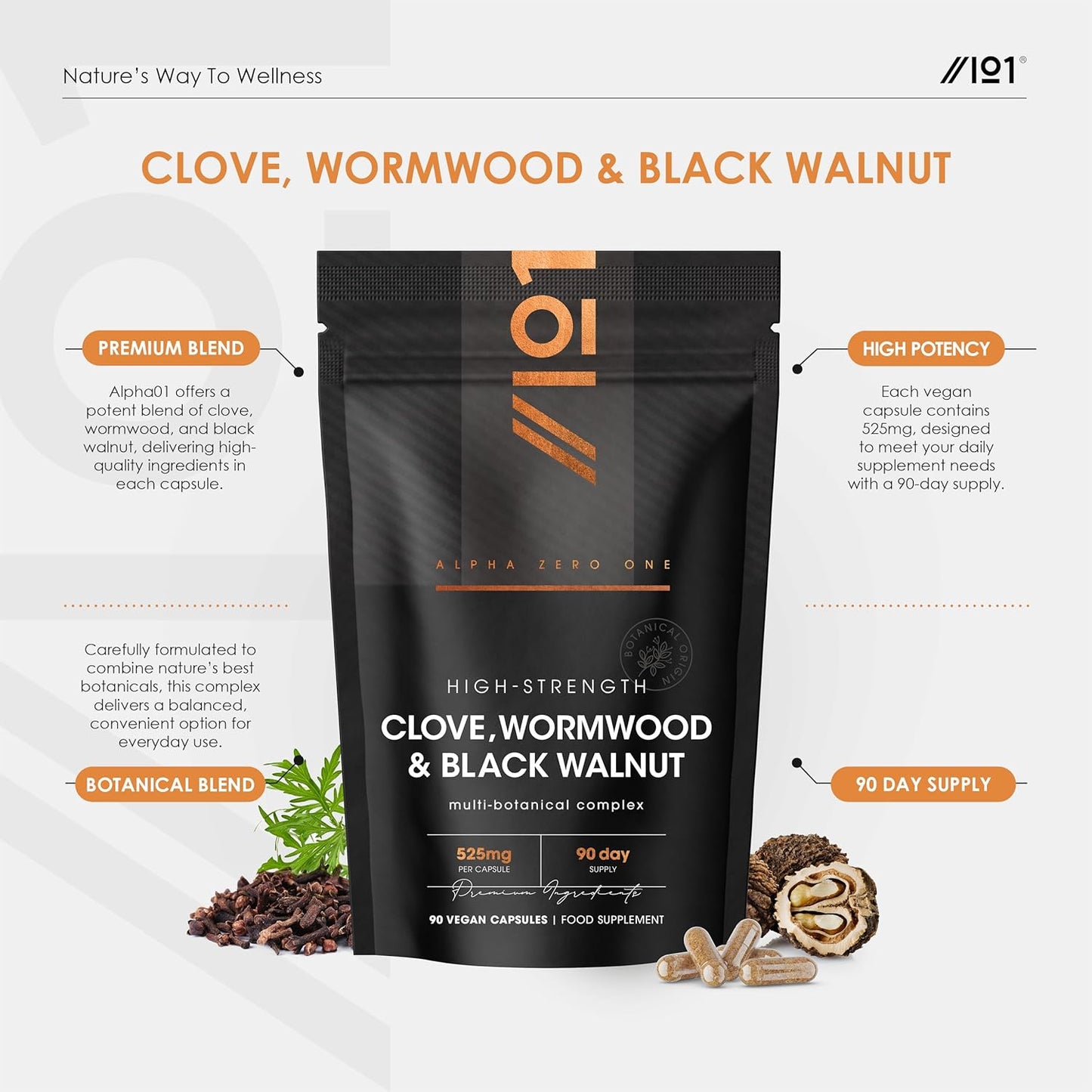 Clove, Wormwood & Green Black Walnut Hull 525mg – 90 Vegan Capsules – High Strength Multi-Botanical Complex Supplement – Resealable and Recyclable Pouch by Alpha01 - Naturhealth UK #