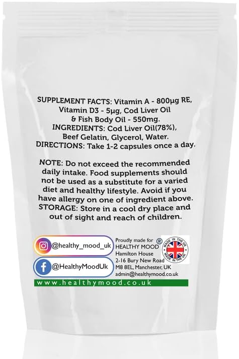 Cod Liver 550mg with Vitamin A and D3 Fish Body Oil Omega-3 60 Capsules Pills UK Nutrition - Naturhealth UK #