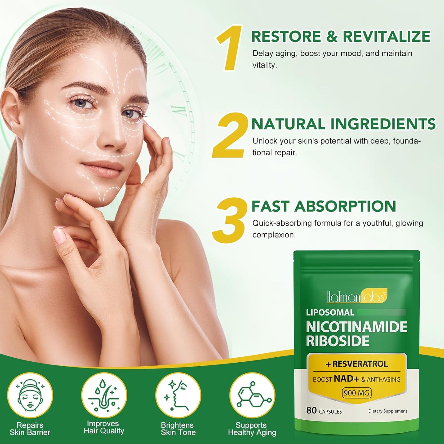 NAD Supplements, 900mg NAD Supplement for Anti Aging and Cell Regeneration, High Absorption Formula, Liposomal Nicotinamide Riboside, Support Cellular, Immune & Energy Support - Naturhealth UK #