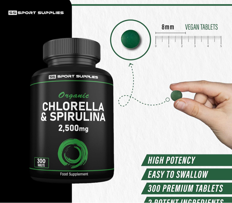 Organic Chlorella and Spirulina - 2500mg - 300 Tablets - Broken Cell Wall - Pure Formula Supplement with No Additives - Naturhealth UK #
