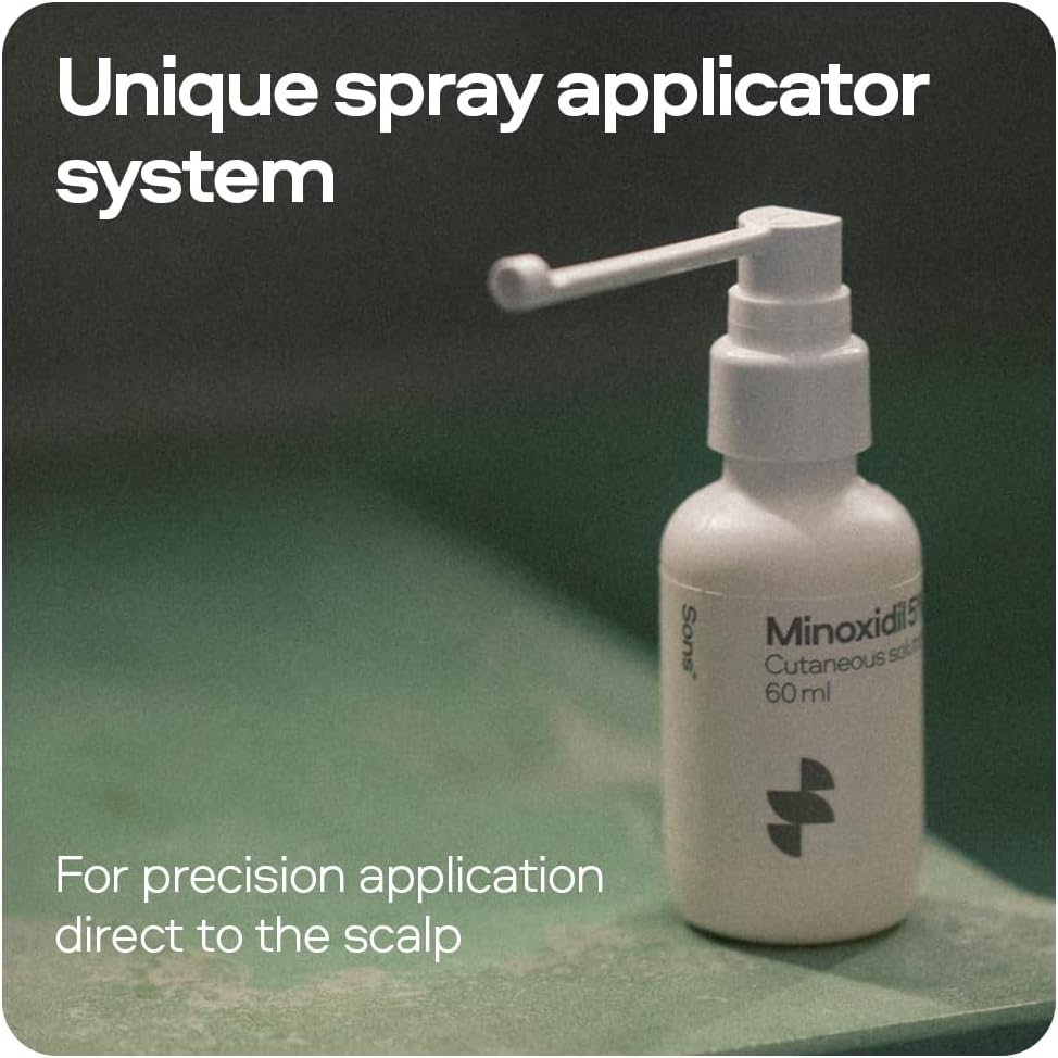 Sons Minoxidil 5% Cutaneous Solution, Hair Regrowth & Thickener Formula, For Hair Loss & Thinning in Men, Reactivates Shrunken Follicles, Precision Application System, 1 Month Supply Made in Europe