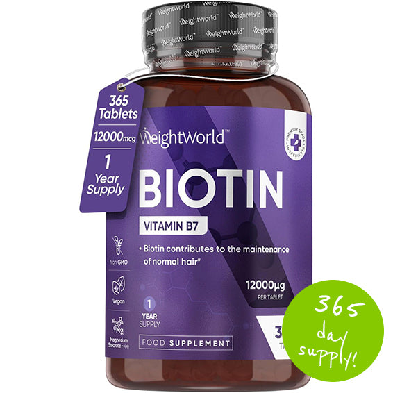 Biotin Hair Growth Supplement 12000mcg - 365 Vegan Biotin Tablets (1 Year Supply) - Hair Skin & Nails Vitamins for Women & Men