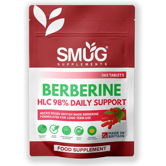 Berberine HLC British Made 98% Pure by SMUG Supplements - 365 Micro Tablets - One Year Supply - Suitable for Both Men and Women - Naturhealth UK #