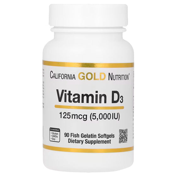 California Gold Nutrition, Vitamin D3, 125 mcg (5,000 IU), 90 Fish Gelatin Softgels - Naturhealth UK #