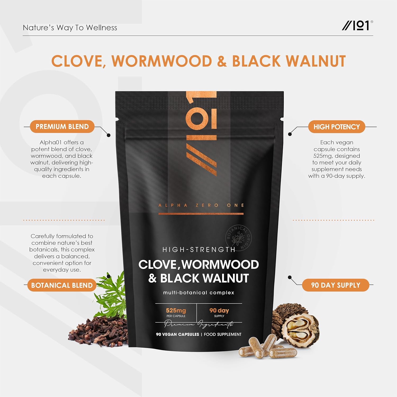 Clove, Wormwood & Green Black Walnut Hull 525mg – 90 Vegan Capsules – High Strength Multi-Botanical Complex Supplement – Resealable and Recyclable Pouch by Alpha01 - Naturhealth UK #