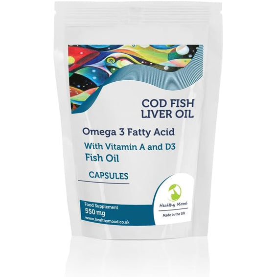 Cod Liver 550mg with Vitamin A and D3 Fish Body Oil Omega-3 60 Capsules Pills UK Nutrition - Naturhealth UK #