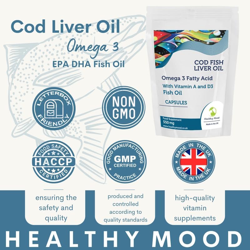 Cod Liver 550mg with Vitamin A and D3 Fish Body Oil Omega-3 60 Capsules Pills UK Nutrition - Naturhealth UK #