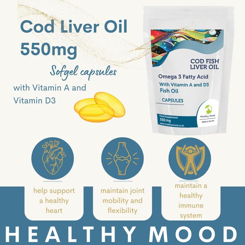 Cod Liver 550mg with Vitamin A and D3 Fish Body Oil Omega-3 60 Capsules Pills UK Nutrition - Naturhealth UK #