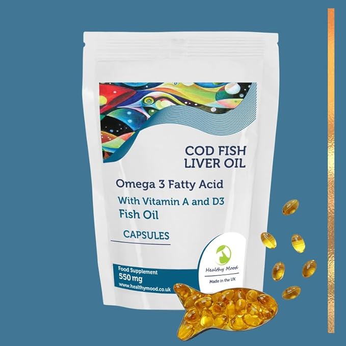 Cod Liver 550mg with Vitamin A and D3 Fish Body Oil Omega-3 60 Capsules Pills UK Nutrition - Naturhealth UK #