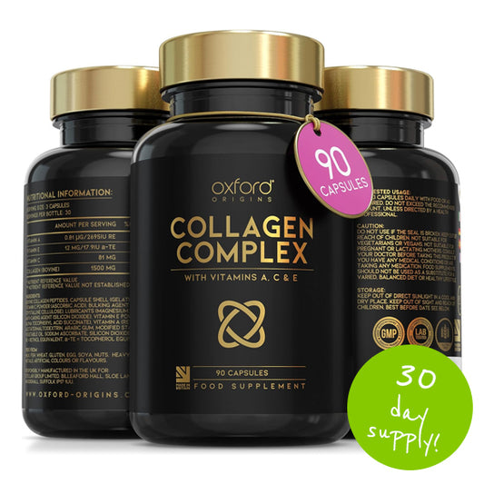 Advanced Collagen Complex | Made in The UK | Hydrolysed Collagen Supplements for Women & Men Enhanced with High Absorption Hair Skin and Nails Vitamins A, C & E | 90 Capsules