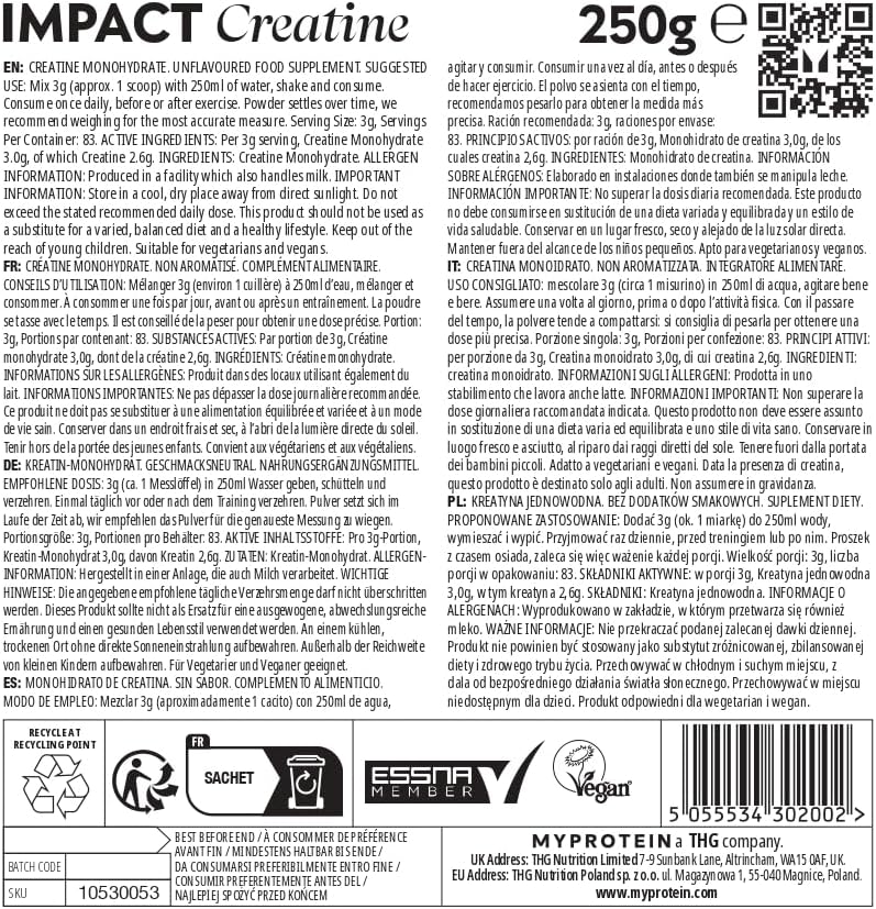 Myprotein Creatine Monohydrate Powder - 250g (83 x 3g Servings) - Pure Unflavoured - Scientifically Proven to Help Increase Power and Physical Performance - Naturhealth UK #