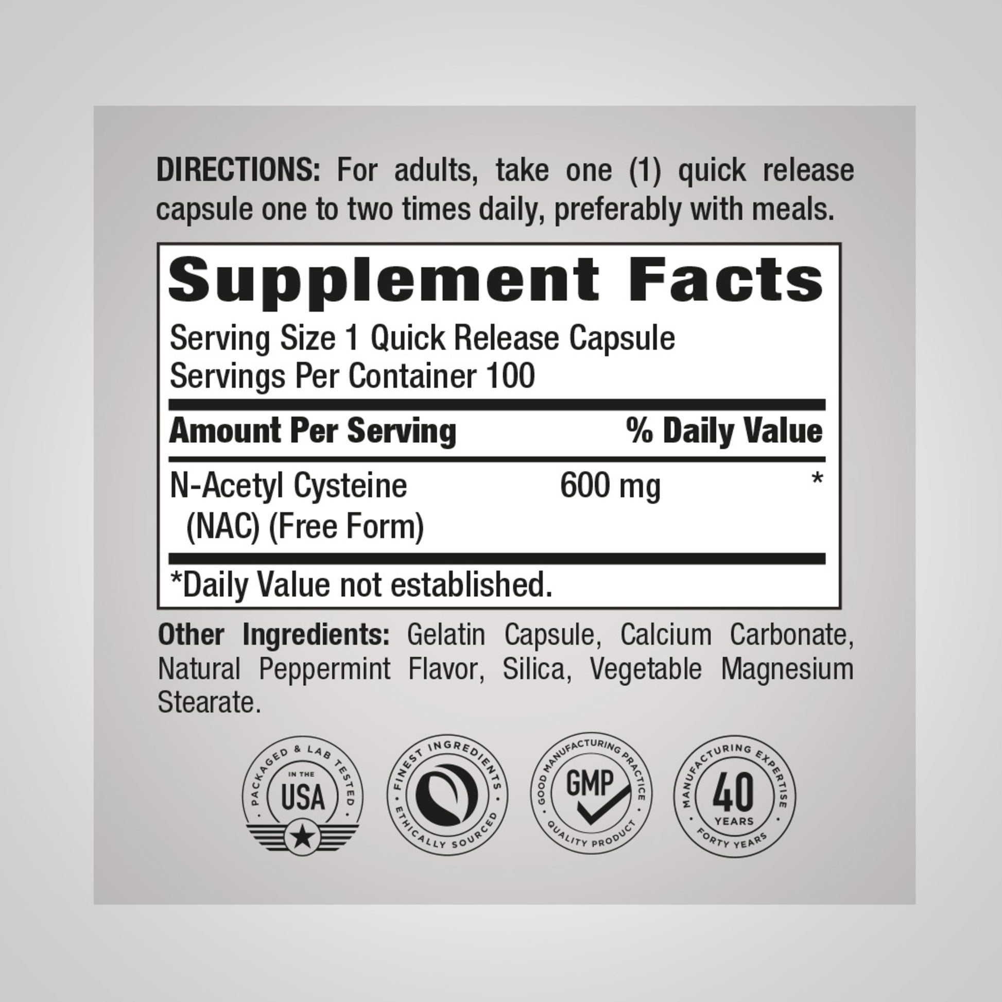 N-Acetyl Cysteine (NAC), 600 mg, 100 Quick Release Capsules - Naturhealth UK #