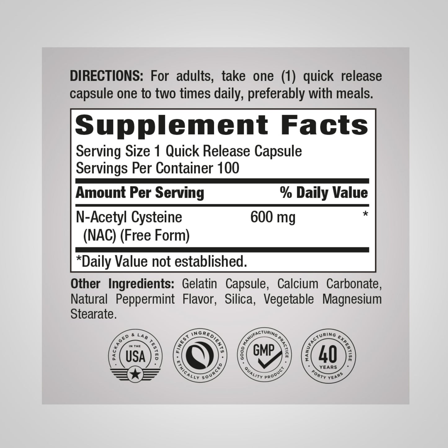 N-Acetyl Cysteine (NAC), 600 mg, 100 Quick Release Capsules