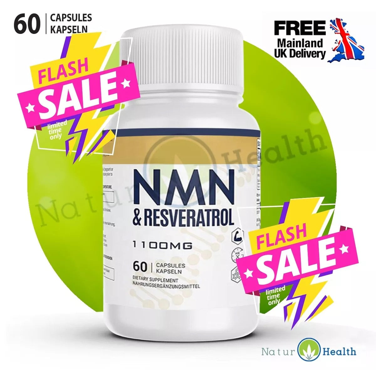 NMN & Resveratrol 60 Capsules Heart & Anti-aging Antioxidant Supplement UK STOCK - Naturhealth UK #