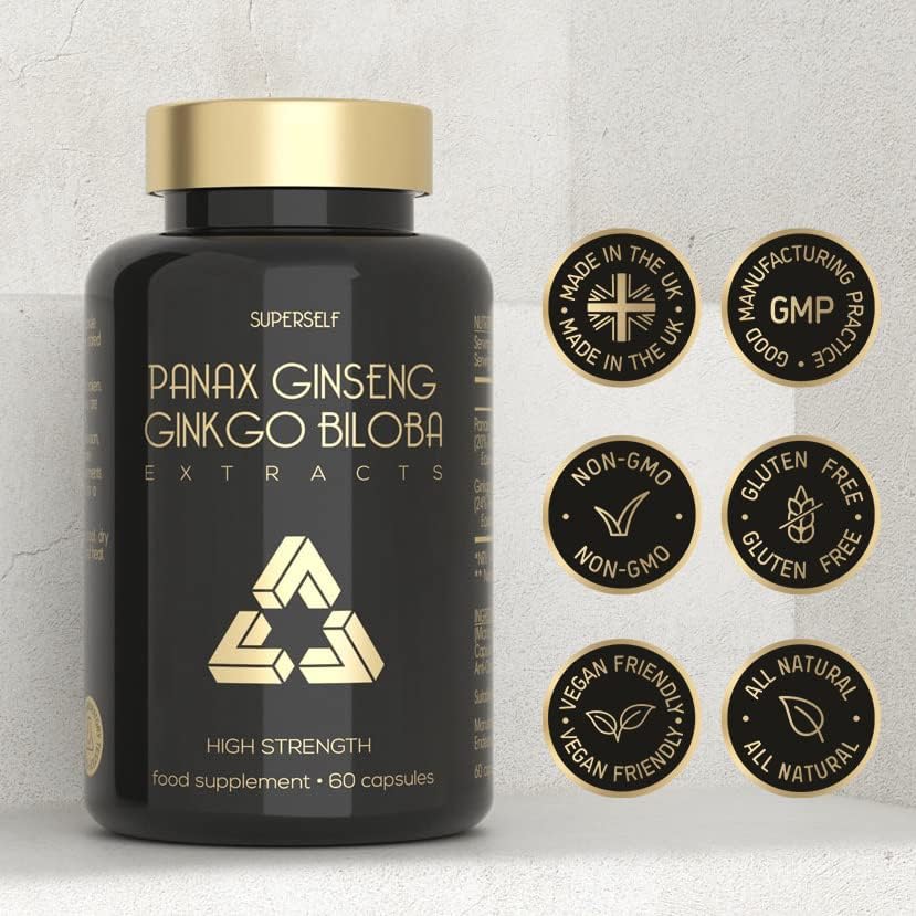Panax Ginseng Capsules High Strength - 6000mg Korean Red Ginseng & Ginkgo Biloba for Natural Energy & Focus - Vegan & UK Made - 60 Tablets One-a-Day - Premium Ginseng Root Supplements for Men & Women - Naturhealth UK #