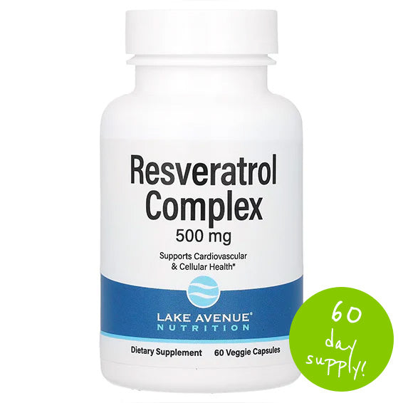Resveratrol Complex, 500 mg, 60 Veggie Capsules. contains a blend of trans-Resveratrol, grape seed extract, and red wine extract to help support cardiovascular and cellular health.