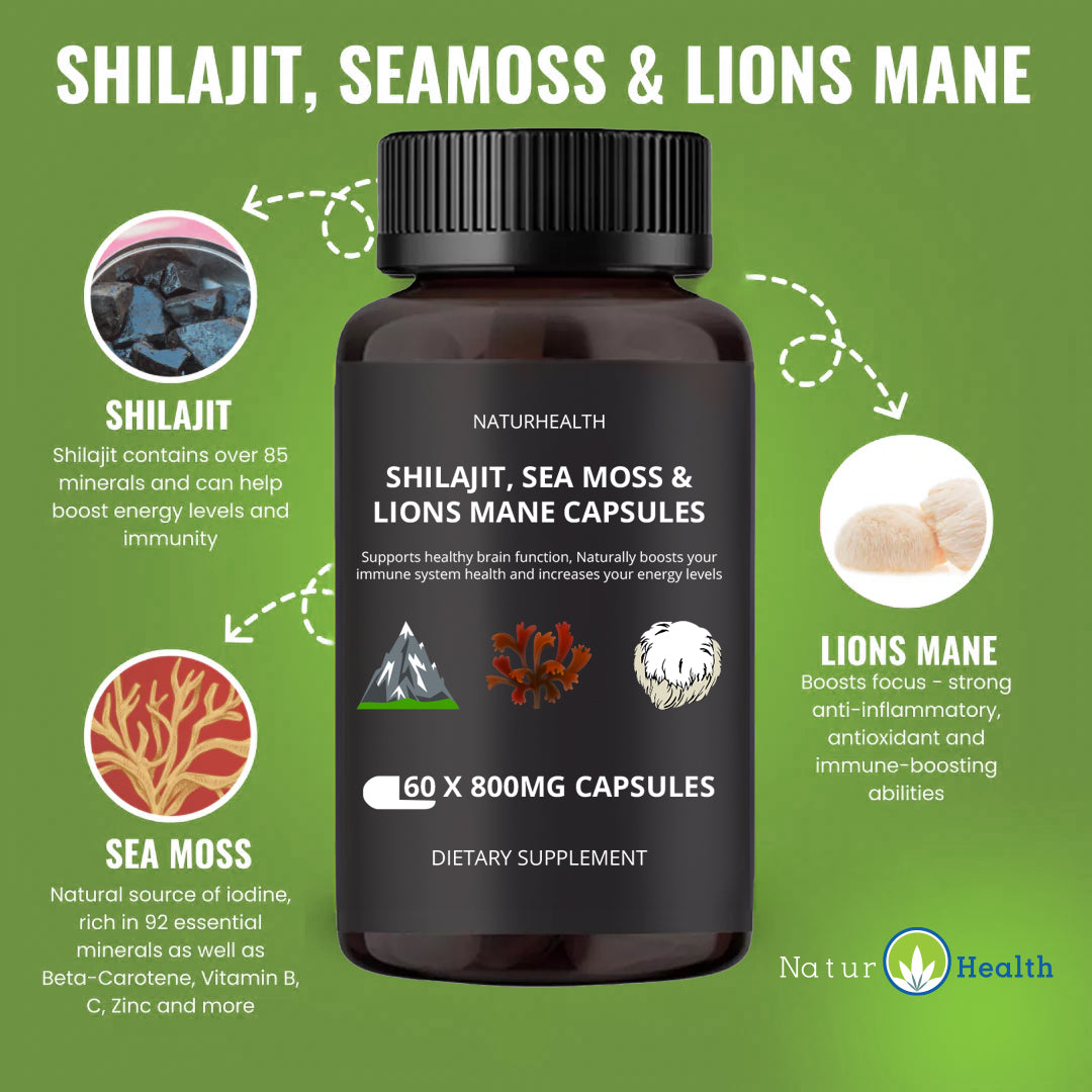 Shilajit Sea Moss and Lion's Mane - 60 Capsules 800MG UK - Naturhealth UK #